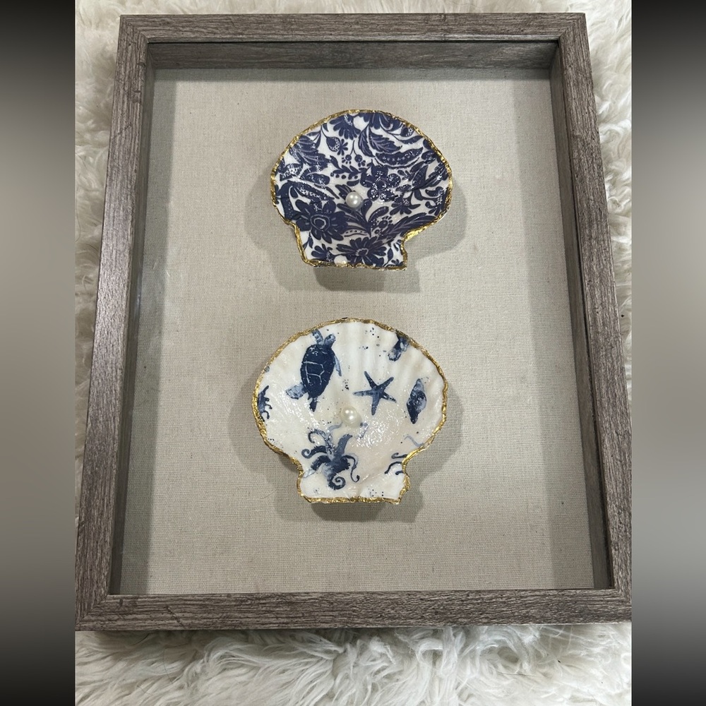 Handmade Shell Wall Art with Blue and Gold Accents